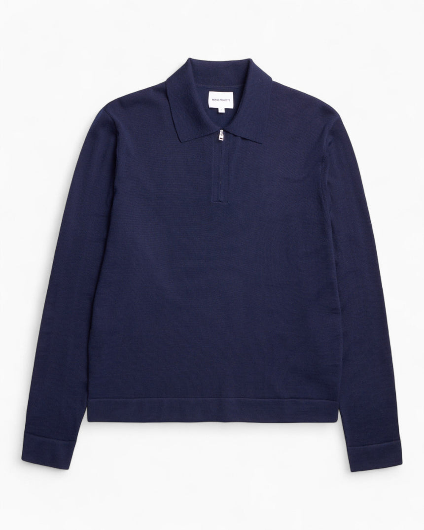 Norse Projects Tech Merino Crepe Erkek Polo Kazak Dark Navy
