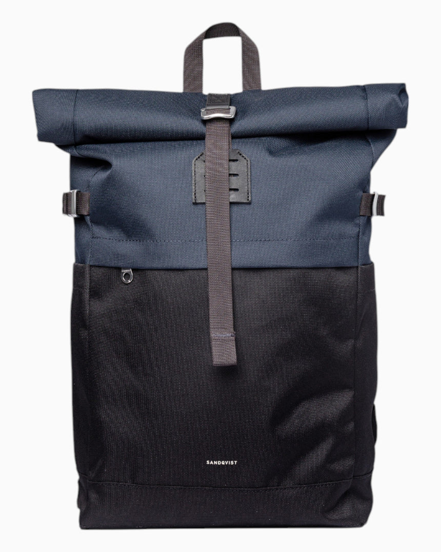 Sandqvist Icon Rolltop Sırt Çantası M Multi Black/Navy with Black Leather