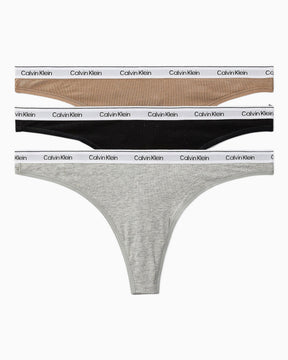 Calvin Klein Thong 3PK Modern Logo - Kadın Black/Grey Heather/Cafe Fun