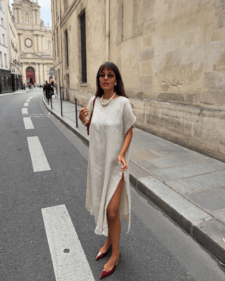İKİKIZ Çizgili Lyocell Kaftan Kadın Elbise Naturel