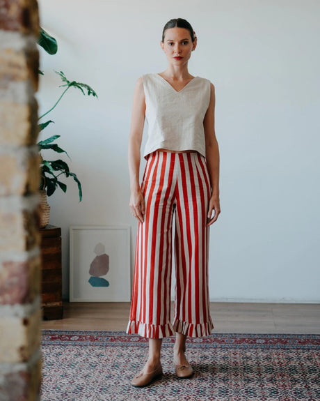 Mama in Love Frill Stripes Kadın Pantolon Krem/Kiremit