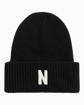 Norse Projects Merino Lambswool Rib N Logo Beanie Black