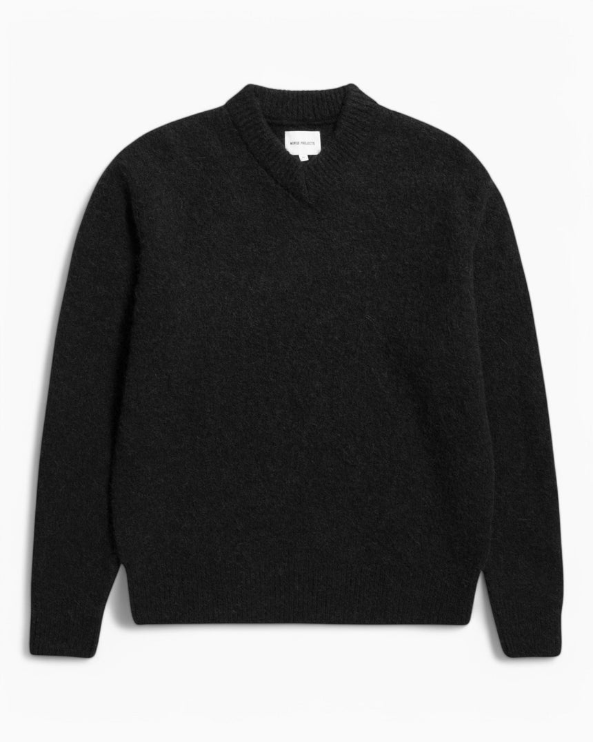 Norse Projects Rasmus Relaxed Brushed V-Yaka Erkek Kazak Black